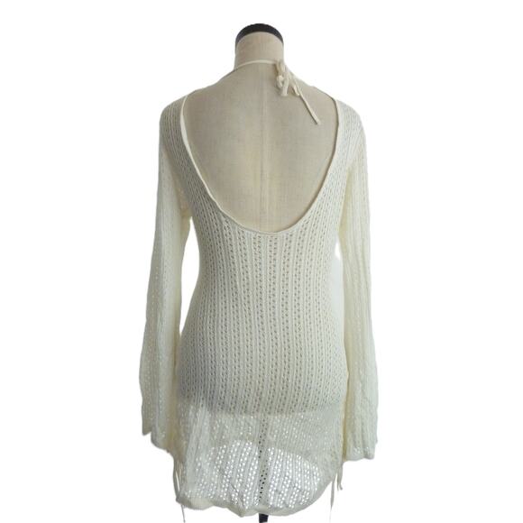 Swimsuit Crochet Cover Up Knit Swimwear Long Sleeve Drawstring Beach Dress - Picture 4 of 8